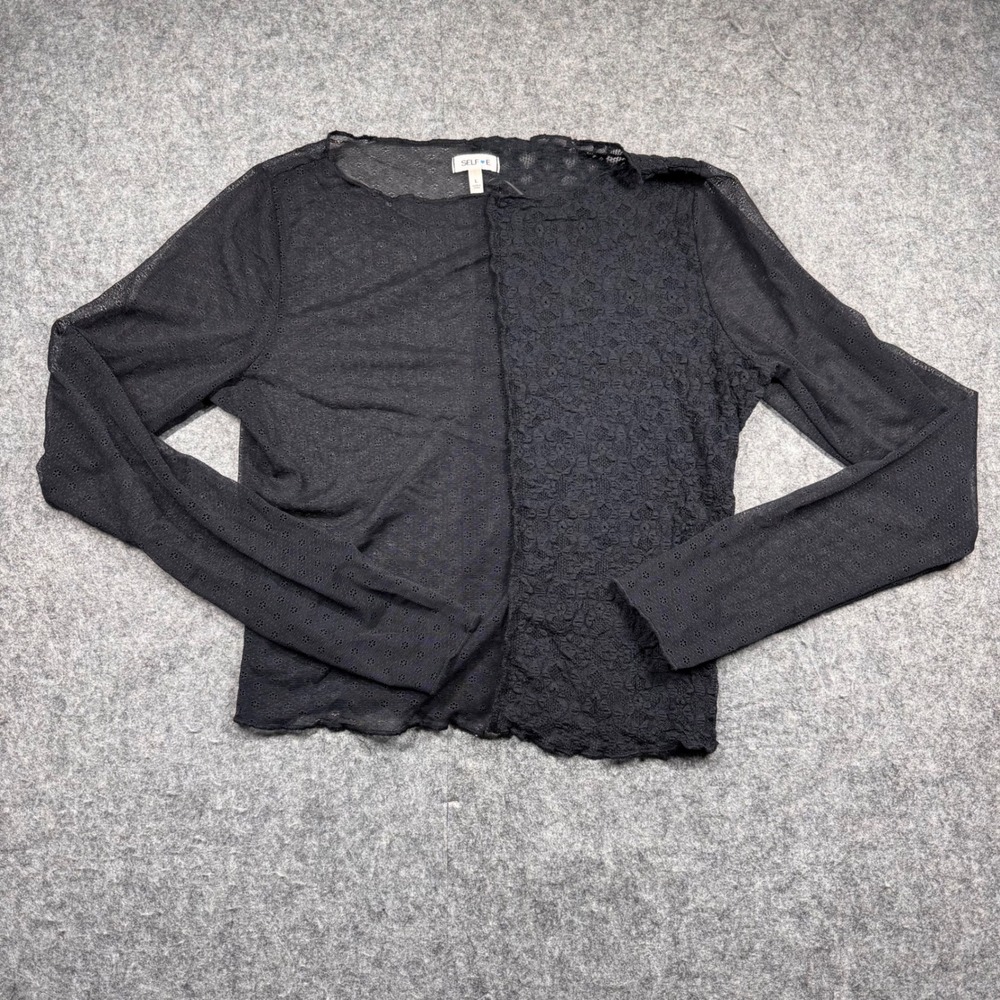 Selfie Mesh Lace Top Women Large Black Mixed Media‎ Long Sleeve Lettuce Trim